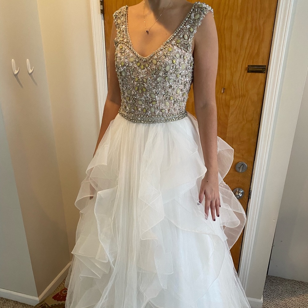 Mac Duggal White beaded tiered ruffle princess wedding gown